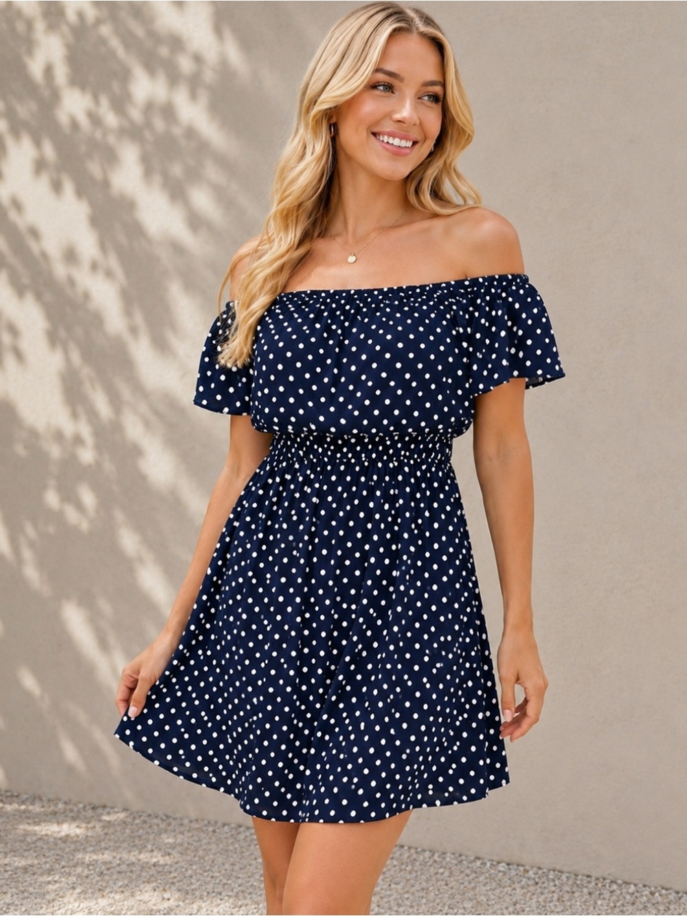 C.CLINE NWT Navy Polka Dot Off Shoulder Dress